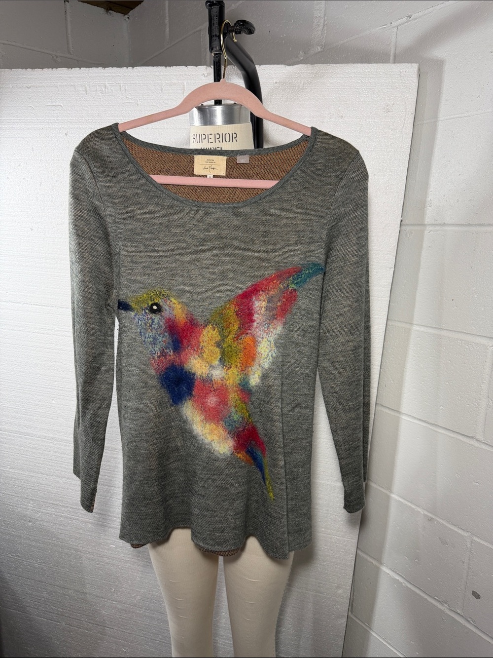 Anthropologie Women’s Gray Sweater with Colorful Bird Motif